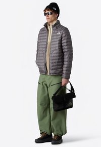 Lätt grå dunjacka med quiltad textur, beige fleeceöverkropp, gröna baggybyxor, svart väska och mörka skor. Accessoarer inkluderar solglasögon och en mössa.