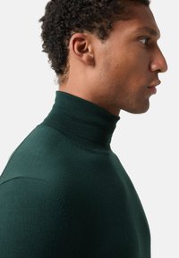 Green turtleneck sweater made of textured knit material, featuring a fitted shape and a high collar, shown from a side angle.