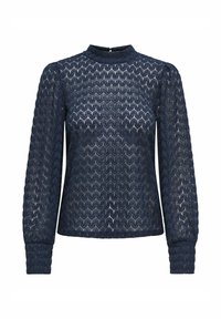 Blouse à manches longues bleu marine avec un motif géométrique texturé, un col haut et des détails de manches froncées. Fabriquée dans un tissu léger.