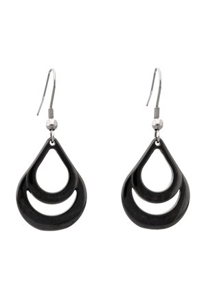 Par sorte dråbeformede øreringe med åben halvmåne-design og sølvkroge.