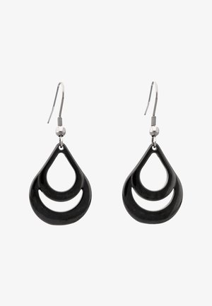 Fekete, csepp alakú lógó fülbevalók párja, nyitott félhold mintával és ezüst kampókkal.