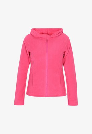 Fleece hoodie in bright pink, with long sleeves and front zip closure. Features a hood and side pockets, smooth texture, modern cut.