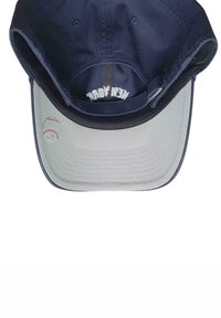 Navy baseball cap with a gray underside, featuring a circular baseball logo decal and stitched "NEW YORK" text on the band.