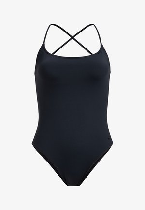 Black one-piece swimsuit with crisscross straps, smooth fabric, and a fitted shape. Features minimal detailing and a classic design.