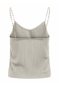 Top senza maniche, tessuto a coste grigio chiaro, scollo quadrato, spalline in catena regolabili, texture liscia, design aderente, stile minimalista.