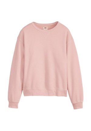Light pink sweatshirt featuring a crew neckline, long sleeves, and ribbed cuffs and hem. Made from soft, textured fabric.