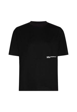 T-shirt noir à manches courtes avec un petit logo blanc "KARL LAGERFELD JEANS" en bas à droite sur le devant.