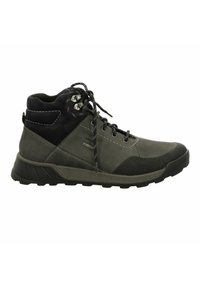 Men’s hiking boots in dark gray and black synthetic materials. Features include lace closures, padded ankle support, and textured rubber soles.