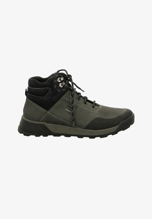 Herren-Wanderschuhe aus dunkelgrauen und schwarzen synthetischen Materialien. Zu den Merkmalen gehören Schnürverschlüsse, gepolsterte Knöchelunterstützung und strukturierte Gummisohlen.