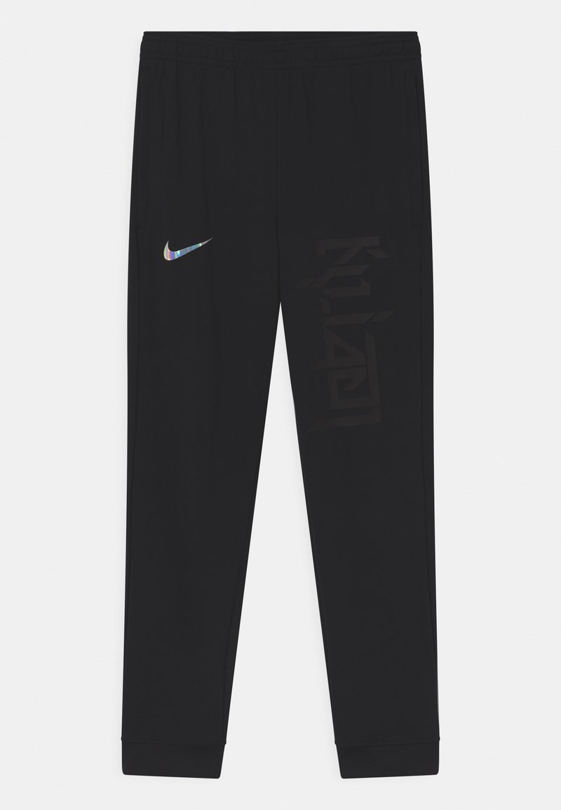 Schwarze Sporthosen mit elastischem Bund, Seitentaschen, reflektierendem Nike-Swoosh am linken Oberschenkel und dezenten vertikalen Schriftzügen am rechten Bein.