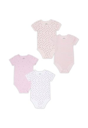 Vier kurzärmelige Babybodys in zartem Rosa und Weiß mit Blumen-, Stern- und gestreiften Mustern, angeordnet in einem quadratischen Layout.