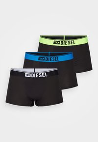 Three pairs of black boxer briefs featuring colorful elastic waistbands in blue, green, and black, all with the "DIESEL" logo.