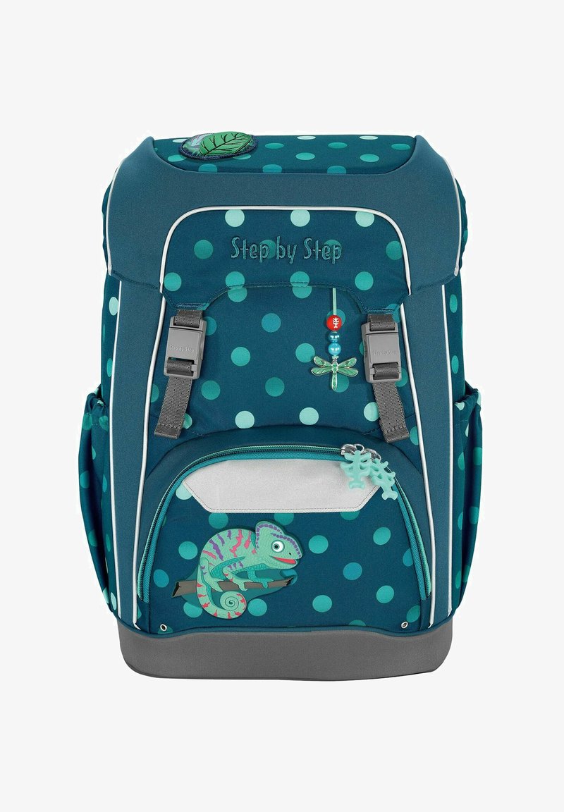 Teal backpack with large green and blue polka dots, features a chameleon illustration, a leaf patch, and gray accents. Two side pockets.