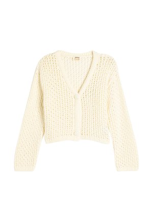 Cardigan all'uncinetto in morbido crema, con scollatura a V, maniche lunghe e due bottoni frontali. Motivo a maglia aperta con texture in tutta la superficie.