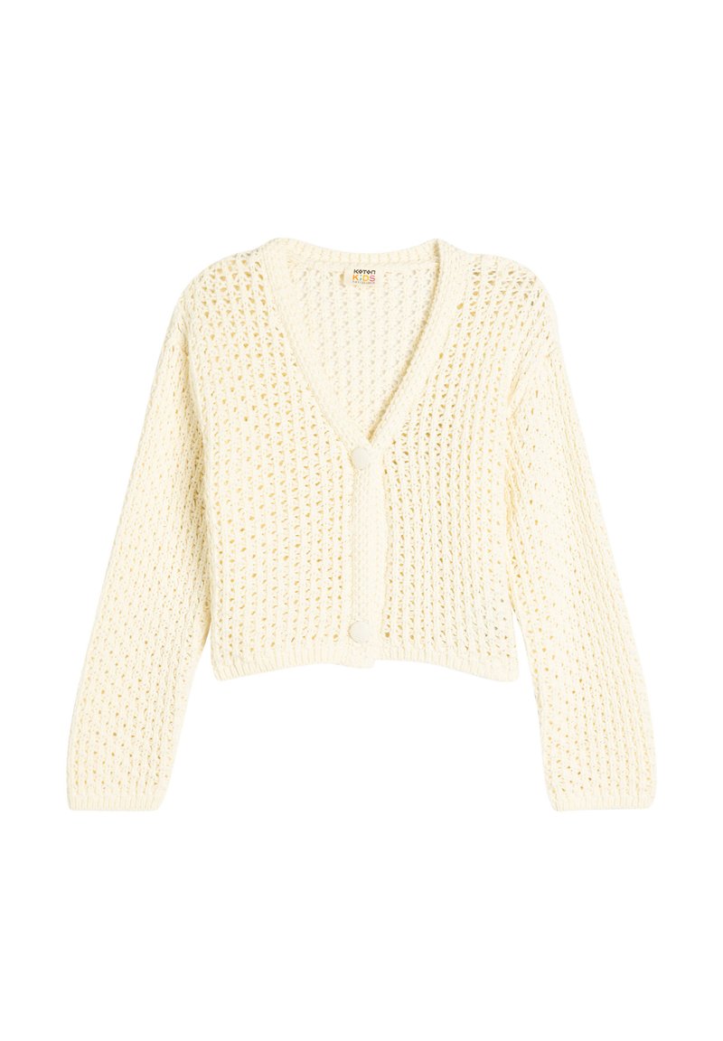 Virkat cardigan i mjuk krämfärg, med V-hals, långa ärmar och två knappar fram. Strukturerat öppet stickmönster över hela.