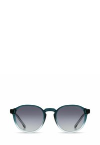 Ronde zonnebrillen met blauw-naar-doorzichtige gradient monturen en donkergrijze gradient lenzen, weergegeven op een witte achtergrond.