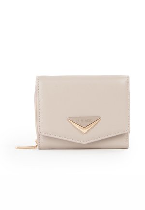 Portafoglio in pelle beige chiaro con chiusura triangolare e zip in tono oro, design minimalista, con logo "MIRIADE" sul risvolto anteriore.