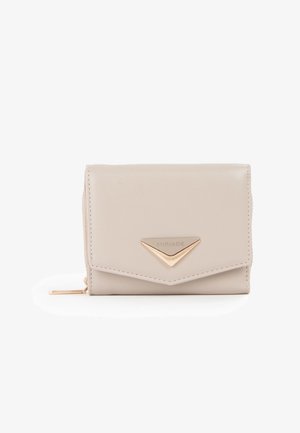 Portafoglio in pelle beige chiaro con chiusura triangolare e zip in tono oro, design minimalista, con logo "MIRIADE" sul risvolto anteriore.