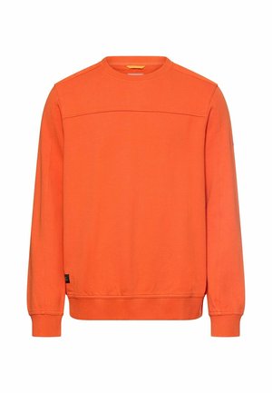 Sweat-shirt à manches longues orange vif avec col, poignets et ourlet côtelés, comportant une couture horizontale sur la poitrine et une petite étiquette noire près de l'ourlet.