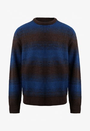 Suéter de punto en marrón y azul con una textura acanalada, presenta rayas horizontales y un escote redondo. Mangas largas con puños acanalados.