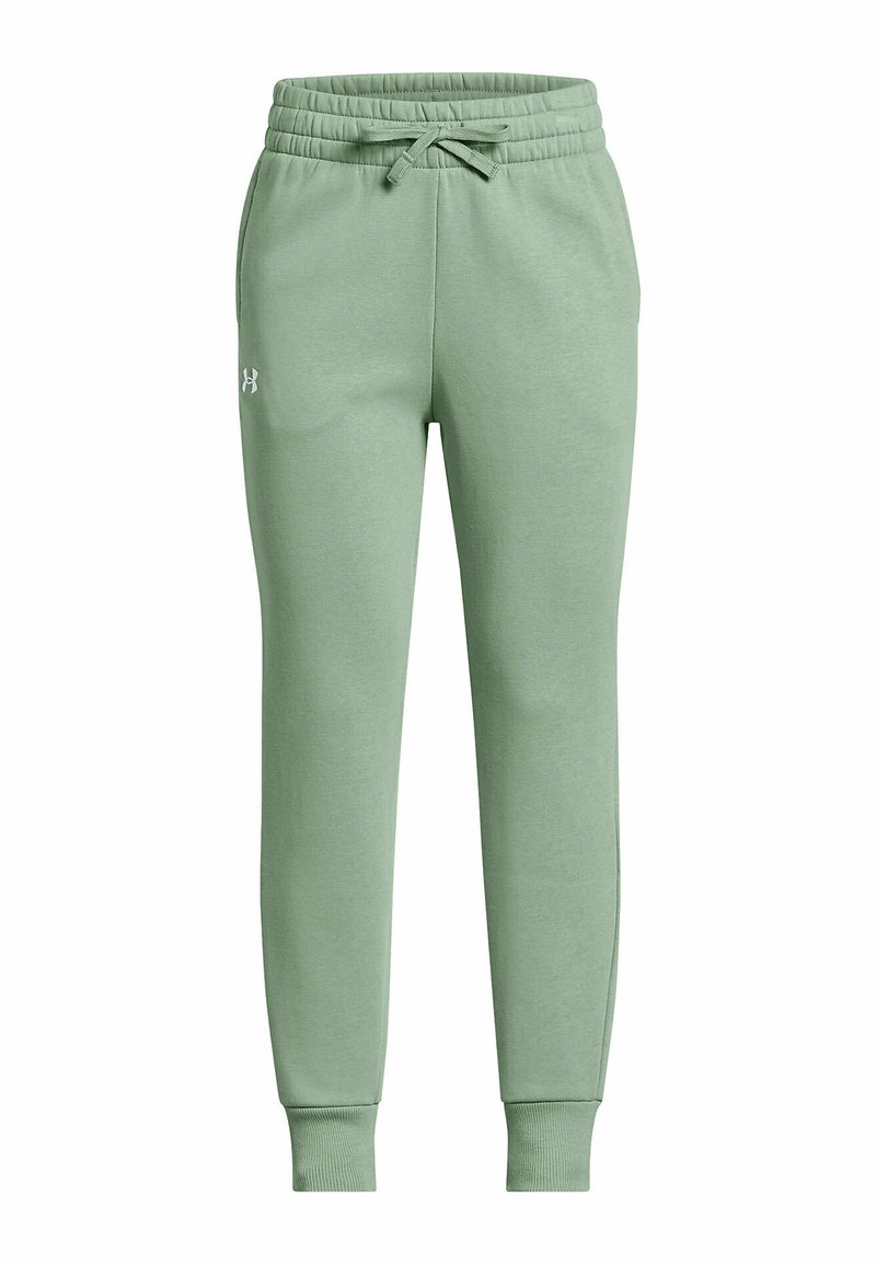 Light green sweatpants with an elastic waistband, drawstring, and ribbed cuffs. Features a small logo on the front left side.