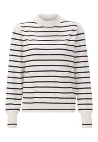 Vit tröja med marinblå horisontella ränder, ribbad rund hals och långa ärmar. Har puffade axeldetaljer och mjuk textur.