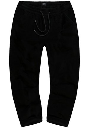 Schwarze Cordhose mit elastischem Bund und Zugband, seitlichen Taschen und schmal zulaufenden Knöcheln. Glatte Textur mit geripptem Muster.