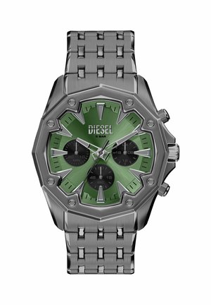 Herren-Diesel-Armbanduhr aus Edelstahl mit grünem Zifferblatt, drei schwarzen Hilfszifferblättern, silbernen Stundenmarkierungen und Metallgliedarmband.
