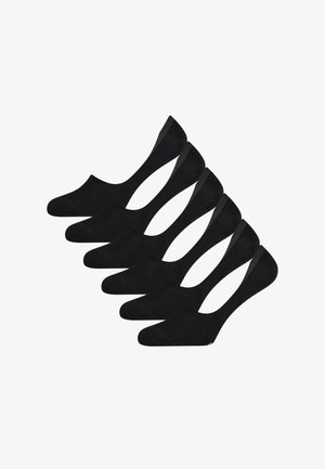 Zestaw sześciu czarnych skarpetek niskiego kroju wykonanych z miękkiego, elastycznego materiału; gładka tekstura i prosty wzór z zaokrąglonym noskiem, bez widocznych wzorów.