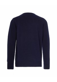 Maglione in maglia blu navy con scollo rotondo e maniche lunghe. Morbida texture con orlo e polsini a coste, caratterizzato da un design posteriore liscio.