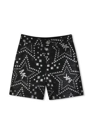 Short noir avec des motifs d'étoiles cloutées argentées et un design à carreaux, avec les initiales "MK" à l'intérieur des étoiles et une fermeture à boutons devant.
