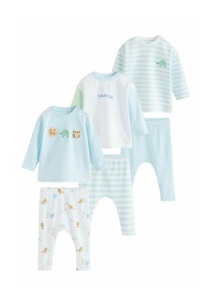 Two long-sleeve tops and three pairs of pants in various light blue tones. Patterns include animals, stripes, and text detail "little cub."