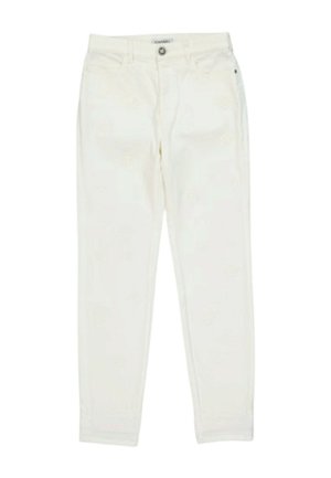 Jean blanc taille haute, coupe droite, avec poches avant, passants de ceinture et fermeture par bouton.