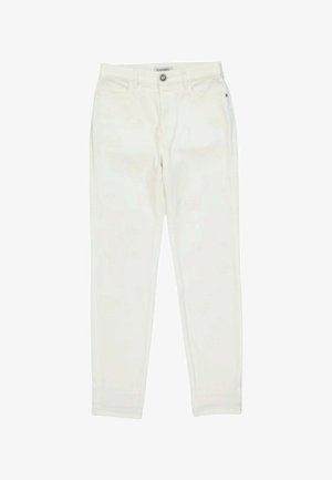 Jean blanc taille haute, coupe droite, avec poches avant, passants de ceinture et fermeture par bouton.