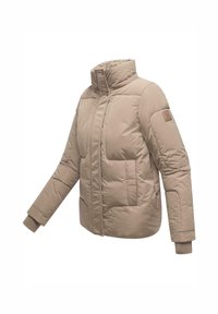 Beige Daunenjacke mit hohem Kragen, durchgehendem Reißverschluss, zwei großen Fronttaschen und elastischen Bündchen. Weicher, gesteppten Textur.