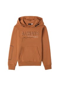 Sudadera marrón con un bolsillo frontal y capucha ajustable. Presenta la palabra "ALWAYS" bordada en hilo claro y costuras decorativas en las mangas.