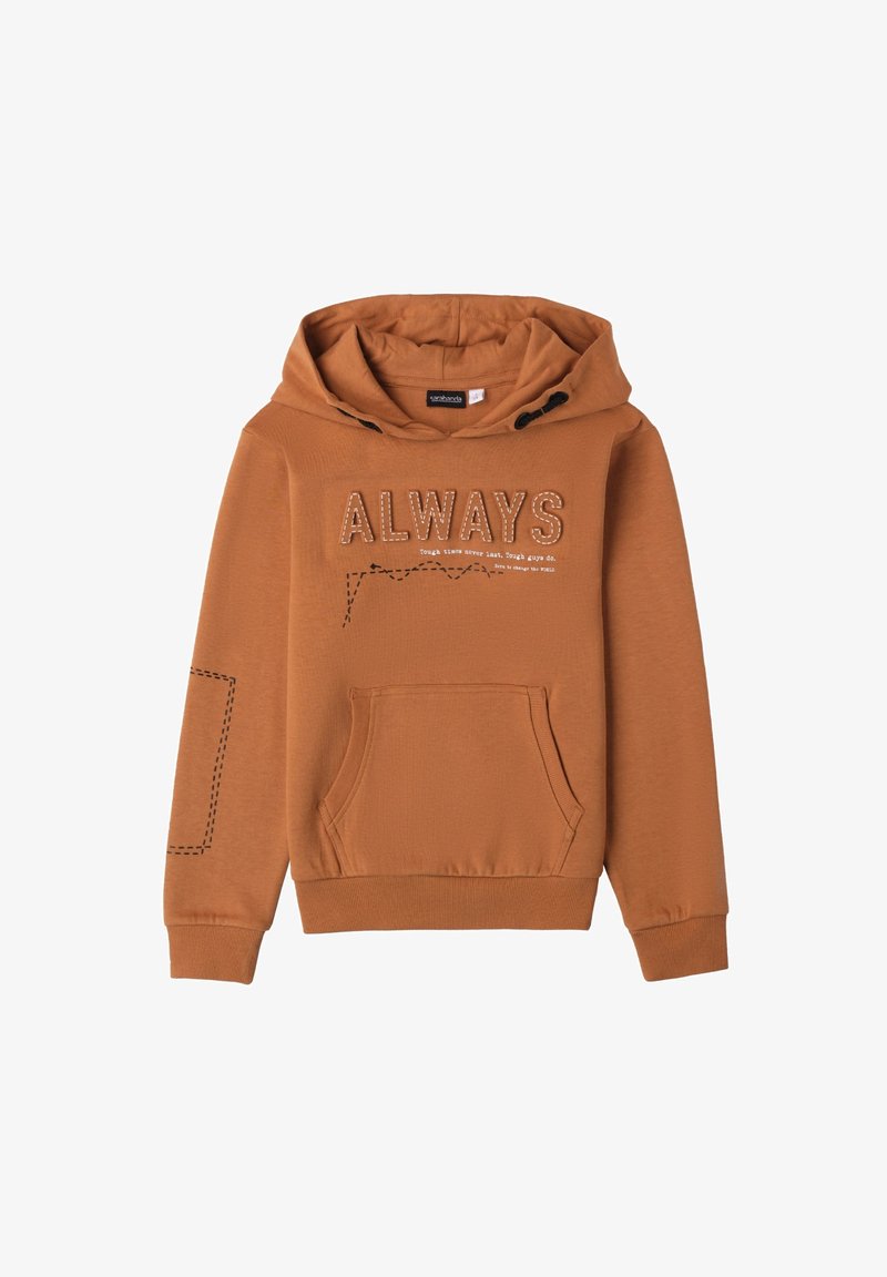 Sudadera marrón con un bolsillo frontal y capucha ajustable. Presenta la palabra "ALWAYS" bordada en hilo claro y costuras decorativas en las mangas.