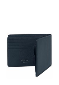 Billetera bifold de cuero negro con múltiples ranuras para tarjetas y el nombre de la marca "REDOLZ" en relieve en el lado izquierdo interior.