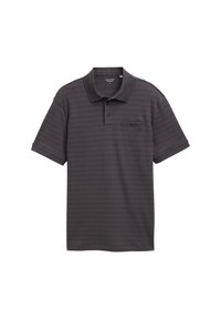 Koszulka polo z krótkim rękawem w ciemnoszarym kolorze, z poziomymi pasami, trzema guzikami przy kołnierzyku oraz małą kieszonką na piersi z detalem guzika.