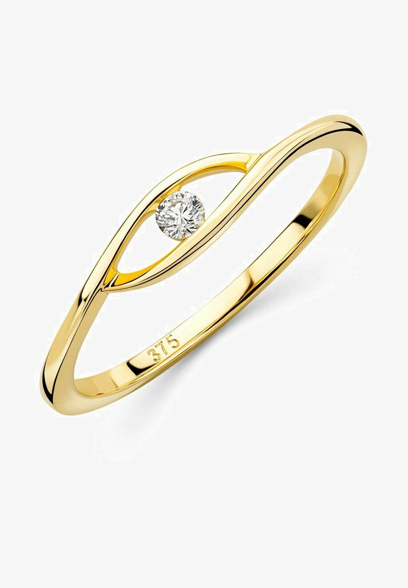 Bague en or avec un bandeau lisse et courbé, mettant en vedette un diamant rond serti au centre, marqué "375" à l'intérieur de la bande.