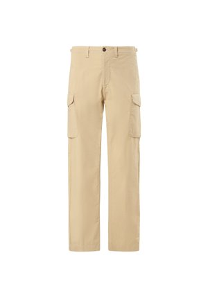 Beige cargobukser med lige ben, foran lukning med knap og lynlås, bæltestropper og to klaplommer på hver lår.