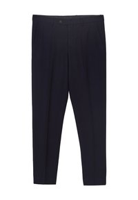 Pantaloni blu navy realizzati in tessuto testurizzato. Presentano una chiusura con bottone, due tasche laterali e una forma sartoriale con gamba dritta.