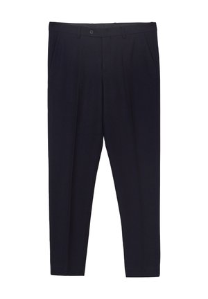 Pantaloni blu navy realizzati in tessuto testurizzato. Presentano una chiusura con bottone, due tasche laterali e una forma sartoriale con gamba dritta.