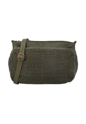 Olivgrüne Leder-Umhängetasche mit gewebtem Vorderpanel und verstellbarem Riemen mit Messingschnalle.