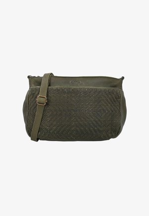 Crossbody kabelka z olivovej zelenej kože s pleteným predným panelom a nastaviteľným remienkom s mosadznou prackou.