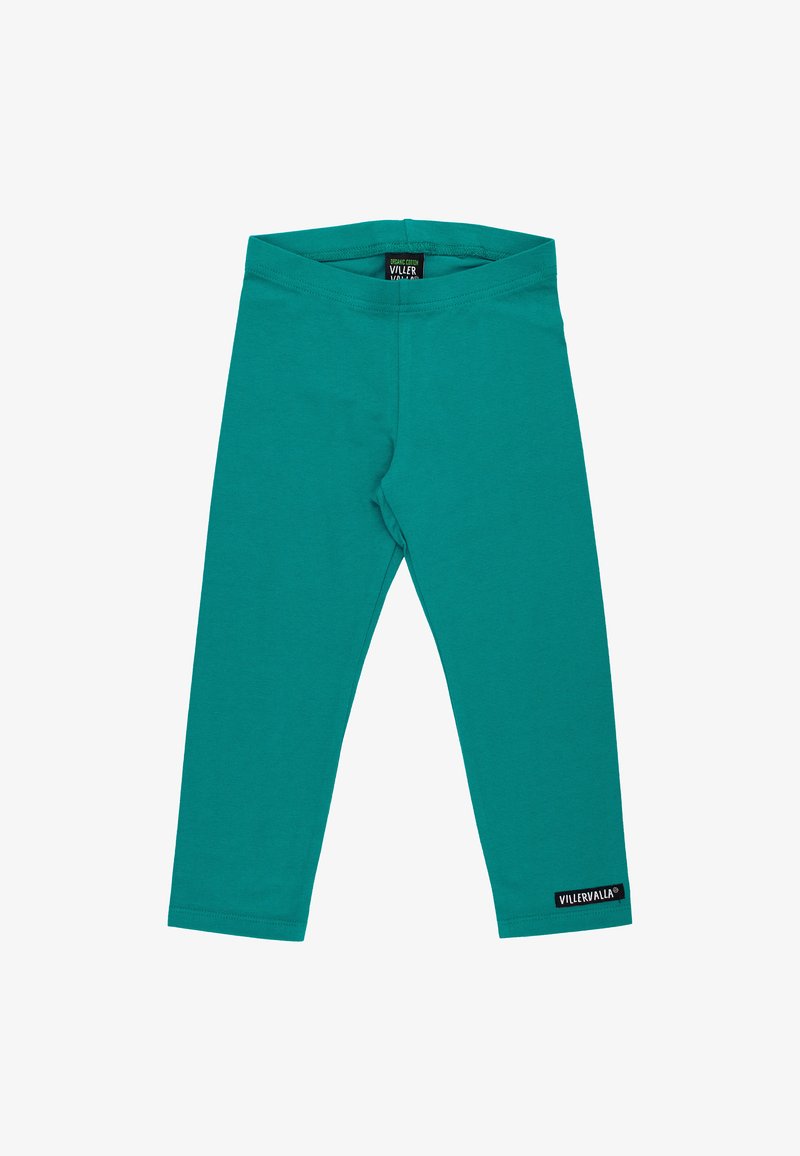 Leggings turchesi realizzati in morbido cotone, con un design aderente, vita elastica e un'etichetta con logo sulla parte bassa della gamba.