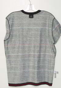 Grå t-shirt med kort ärm och tunna horisontella ränder i olika färger, svart krage, svart och röd kant vid fållen, hängande på en klar plastgalge.