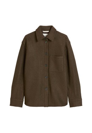 Braune Wollhemdjacke mit klassischem Kragen, Knopfverschluss und einer Brusttasche. Weicher Stoff und lässige Passform mit langen Ärmeln.