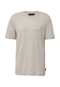 Helle beige Kurzarm-T-Shirt mit Rundhalsausschnitt aus strukturiertem Stoff, mit geradem Saum und einem kleinen Logotag an der Seite.