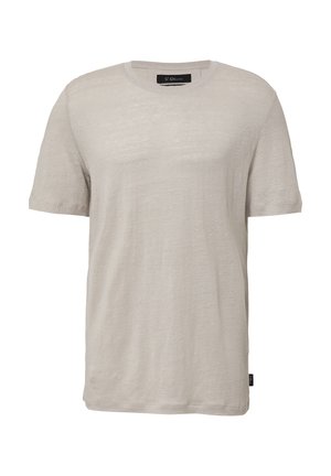 T-shirt écru à manches courtes et col rond, fabriqué en tissu texturé, avec un ourlet droit et une petite étiquette de logo sur le côté.
